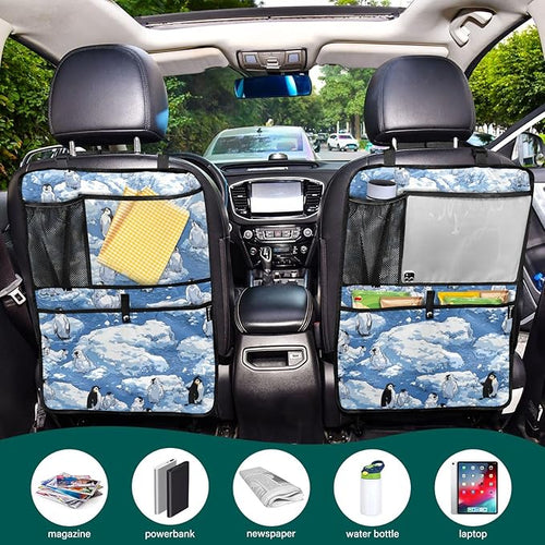 1 Pack Back Seat Car Organizer with Storage Pockets Kick Mats Back Seat Protector Hanging Car Organizer Automotive Seat Back Cover Organizers Blue Penguins Ice Flowers Snow