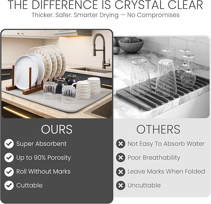 Bellemain XXL Dish Mat Microfiber Dish Drying Mat, Super absorbent (Light Grey, 17" x 24")