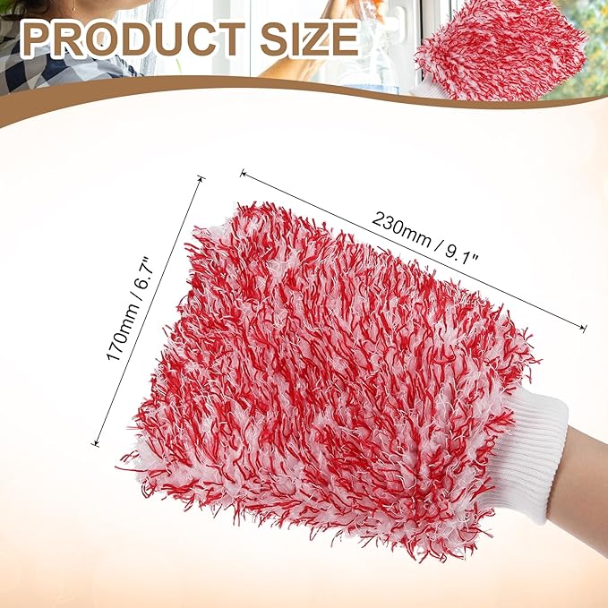 HARFINGTON Chenille Microfiber Car Wash Mitts 9.1" x 6.7" Scratch Free Wash Gloves Absorbent Double Sided Plush Cleaning Drying Mitts for Car Washing Home, Red