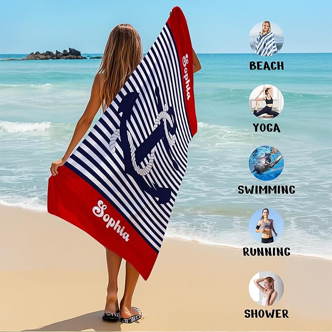 JML Personalized Beach Towel with Name, Custom Anchor Beach Towel, Customized Microfiber Pool Towel, Quick Dry & Absorbent Swim Towel for Adult,Anniversary, Birthday, Summer Holiday,Vacation