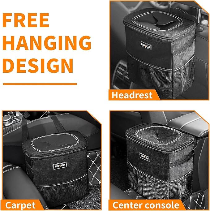 HOTOR 3 Gallons Car Trash Can, Ultra Large Capacity Organizer and Storage with Adjustable Straps & Magnetic Snaps, Waterproof Car Accessory for Interior Car Stuff Storage, Black