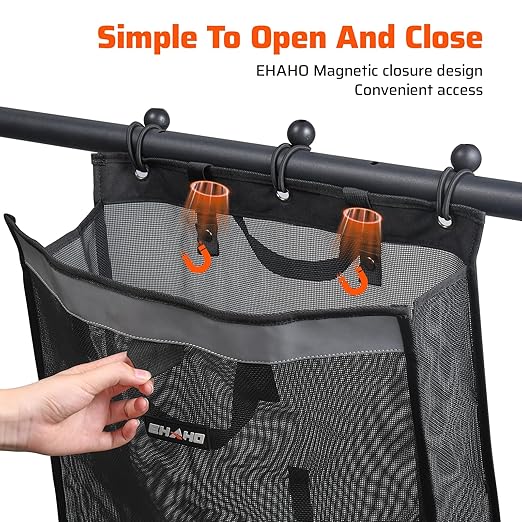 Ehaho UTV ATV Mesh Trash Bag with Reflective Strip, Universal Off-Road Trash Organizer, Large Mesh Sack with Carabiners, Fits Polaris RZR,Can-Am,CFMOTO,Arctic Cat,Pioneer,Golf Cart(Black)