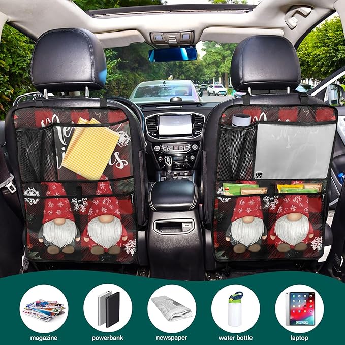 1 Pack Back Seat Car Organizer with Storage Pockets Kick Mats Back Seat Protector Hanging Car Organizer Automotive Seat Back Cover Organizers Red and Black Checkered Christmas Gnomes