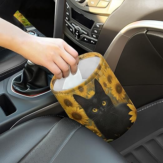 Small Trash Can for Car Black Cat Sunflowers Print Automotive Accessories for Interior Organizer Truck SUV RV Vehicle Home Office Small Portable Hanging Garbage Bags