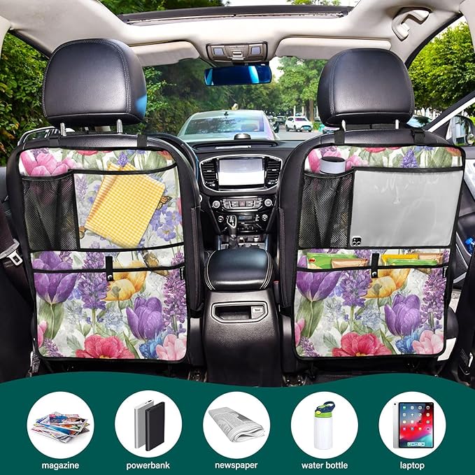 1 Pack Back Seat Car Organizer with Storage Pockets Kick Mats Back Seat Protector Hanging Car Organizer Automotive Seat Back Cover Organizers Tulips Lavenders Purple Butterfly