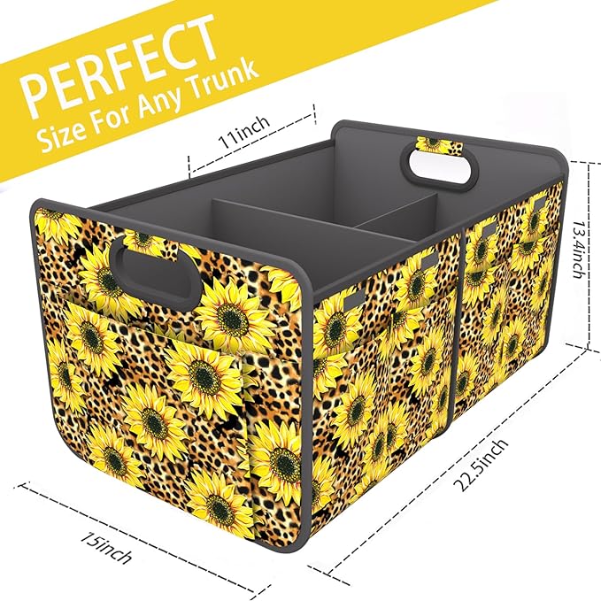 Homeve Trunk Organizer, Car Storage, Reinforced Handles, Collapsible Multi-Compartment Car Organizers, Foldable, Waterproof, 600D Oxford Polyester (Sunflower Leopard Print, 2 Compart)