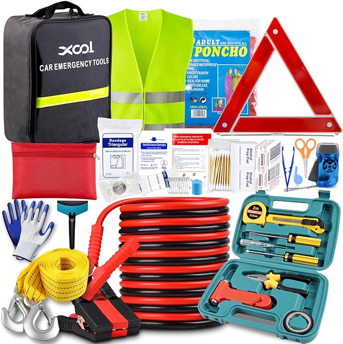 XOOL Car Emergency Kit with Jumper Cables, First Aid Kit, Tow Strap & Tool Set – 88PCS Roadside Safety Kit for Cars, Trucks & SUVs