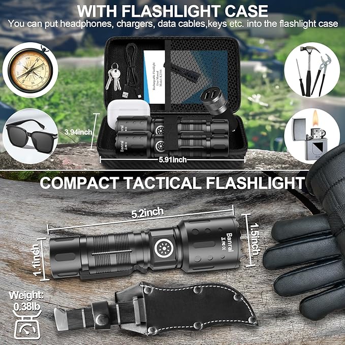 Rechargeable Flashlights High Lumens, Super Bright LED Small Powerful Tactical Flashlight with Memory Function, 6Modes Pocket Waterproof Flash Light for Home,Camping,Car,Emergency,Gifts for Men