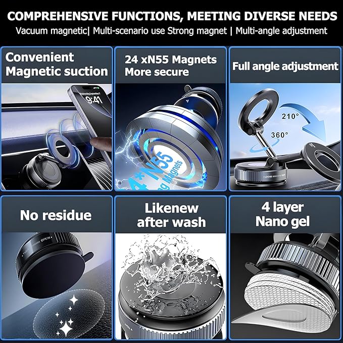 Car Phone Holder for Magsafe,Nano Gel Suction Cup Phone Mount,360° Adjustable Magnetic Phone Holder,Phone Holders for Your Car for iPhone Android Smartphones