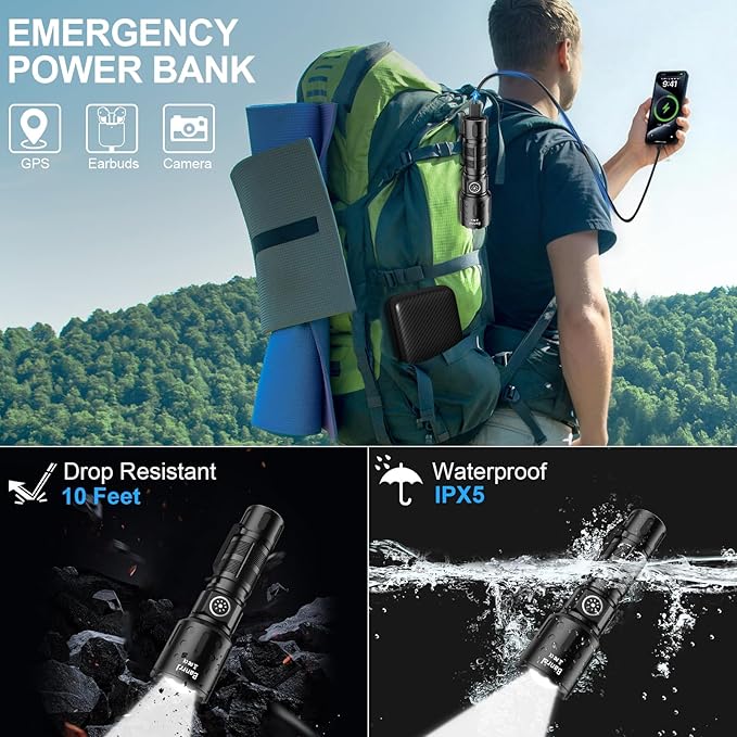 Rechargeable Flashlights High Lumens, Super Bright LED Small Powerful Tactical Flashlight with Memory Function, 6Modes Pocket Waterproof Flash Light for Home,Camping,Car,Emergency,Gifts for Men