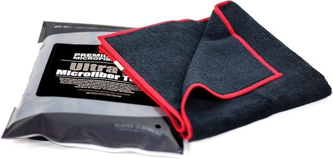 Maxshine Microfiber Detailing Towel 16” x 24” (330GSM) – Ultra-Soft Black Towel with Red Sewn Border | Lint-Free, Scratch-Free | Auto, Boat & Marine Polishing, Cleaning & Interior Detailing