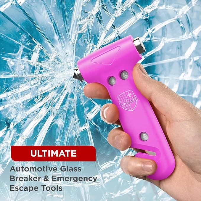 Swiss Safe 5-in-1 Emergency Car Safety Hammer – Car Window Breaker & Seatbelt Cutter, Heavy-Duty Escape Tool for Vehicle Emergencies and Auto Kits – Pink, 2 Pack