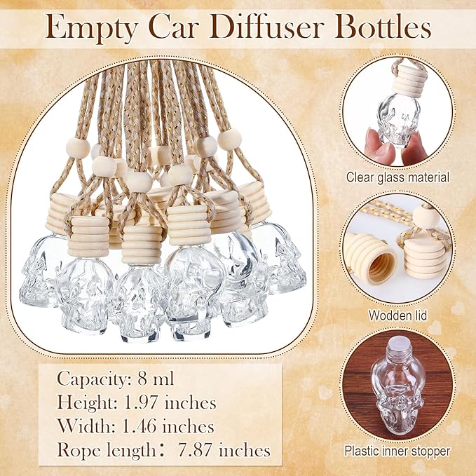 100 Sets Car Diffuser Bottles Empty Bulk Hanging Car Air Freshener Diffuser Bottles Glass Perfume Holder with Instruction Cards for Essential Oil Valentines Birthday Gifts (Skull)