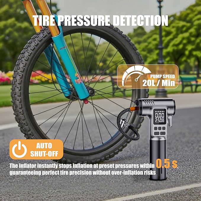 Portable Tire Inflator, 150PSI Air Compressor with LCD pressure gauge & Auto shut-off, Features built-in LED light, Safety hammer & Seatbelt Cutter, for Car/Bike/Motorcycles/Ball