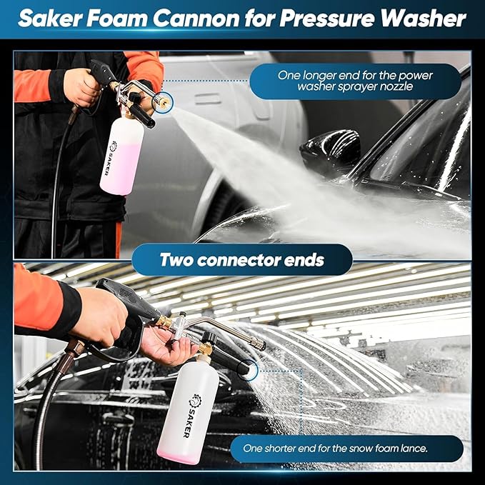 Saker Foam Cannon Dual Connector Accessory for Pressure Washer Kit,with Foam Cannon Dual Connector,Pressure Washer Gun for Car Washing and Cleaning,5 Power Washer Sprayer Nozzles