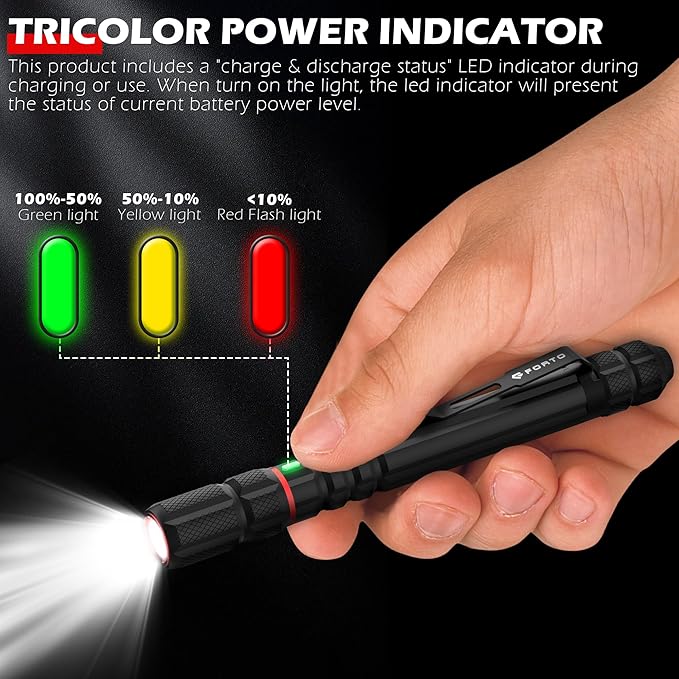 FORTO Rechargeable Pen Light Flashlight, 400 Lumens Small Pocket Flashlight with Clip, IP67 Waterproof, 2 Light Modes, 3-Color Battery Indicator, Type-C Charging, for Inspection,Emergency（1 Pack）