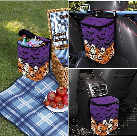 1.2 Gallons Car Organizers and Storage, Skeletons Halloween Print Car Garbage Bin, Adjustable Hanging for Tail of Back of Seats, Easy to Install, Odor-Free with Zipper Leak-Proof Design
