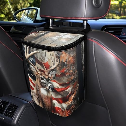 Camo Deer Car Trash Can with Lid Foldable American Flag Trash Bin for Car Interior Accessories Multipurpose Garbage Can Storage Organizer
