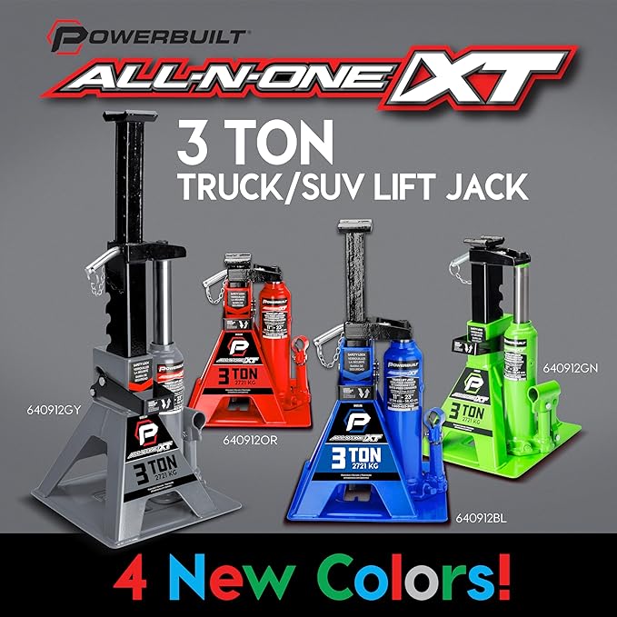 POWERBUILT 3 Ton All-in-One Hydraulic Bottle Jack and Jackstand in One, Compact, Wide Base, 11-21 Inch Range, Eliminates Jackstands, for Trucks, SUVs, RVs, Trailers, ASME, Not for Sedans - 640912