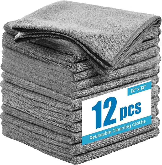 Microfiber Cleaning Cloth 12"X12" 12 Pack Grey Lint Free Microfiber Towels for Cars-Extra Thick, Streak-Free, Fast Absorbent - Reusable Multi-Purpose Housekeeping Rags for Cars