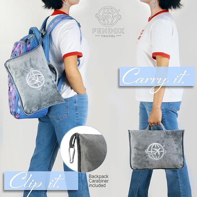 2-in-1 Travel Blanket and Pillow – Lightweight, Compact, Ultra Soft, Machine Washable – Handle, Luggage Sleeve, Backpack Clip – for Travel Airplane, Car, Office (Gray)