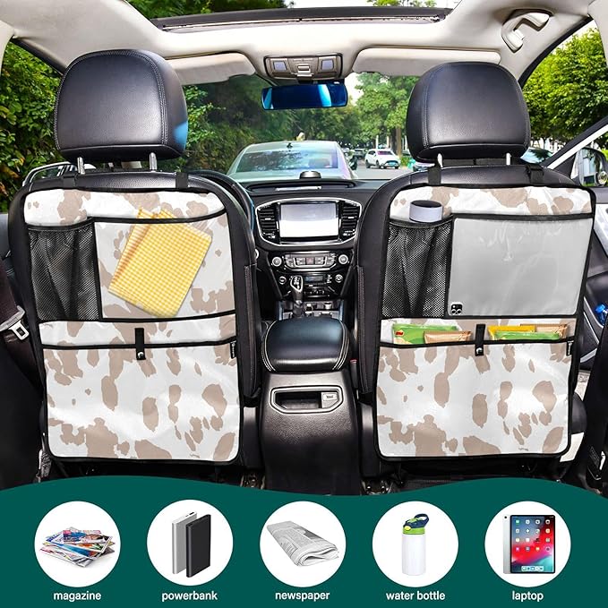 1 Pack Backseat Car Organizer with Storage Pockets Seat Back Organizers for Kids Kick Mats Backseat Protector Automotive Cow Print Brown