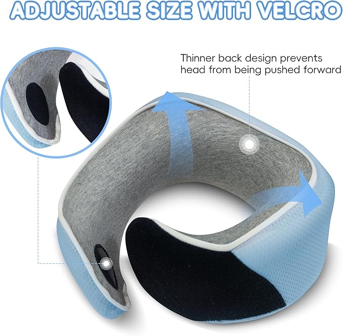 Proglobe Junior Kids Travel Neck Pillow - Ergonomic Memory Foam Pillow for Airplane, Car, Booster Seat - Soft, Washable, Compact Travel Pillow with Strap - Light Blue - Ages 4 Years and Up