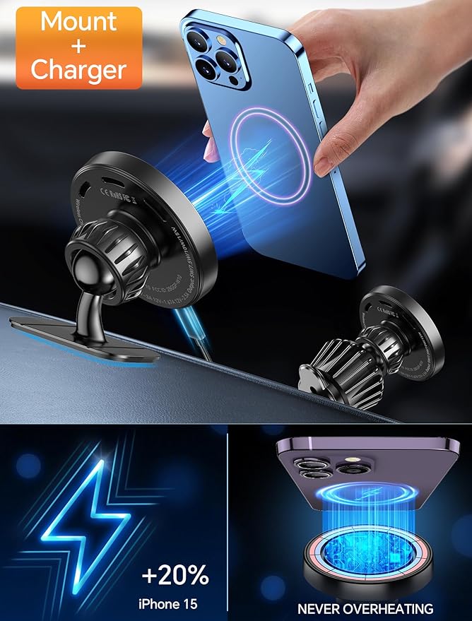 Kaistyle for MagSafe Car Mount Charger【Stronger Magnets】iPhone Magnetic Wireless Car Charger【Dashboard+Vent】 for Magsafe Charger Cell Phone Car Mount for iPhone 17 Pro Max 16 15 14 13 12 MagSafe Cases