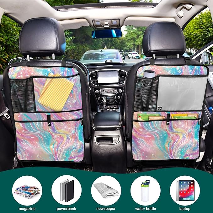 1 Pack Back Seat Car Organizer with Storage Pockets Kick Mats Back Seat Protector Hanging Car Organizer Automotive Seat Back Cover Organizers Pink Liquid Gradient
