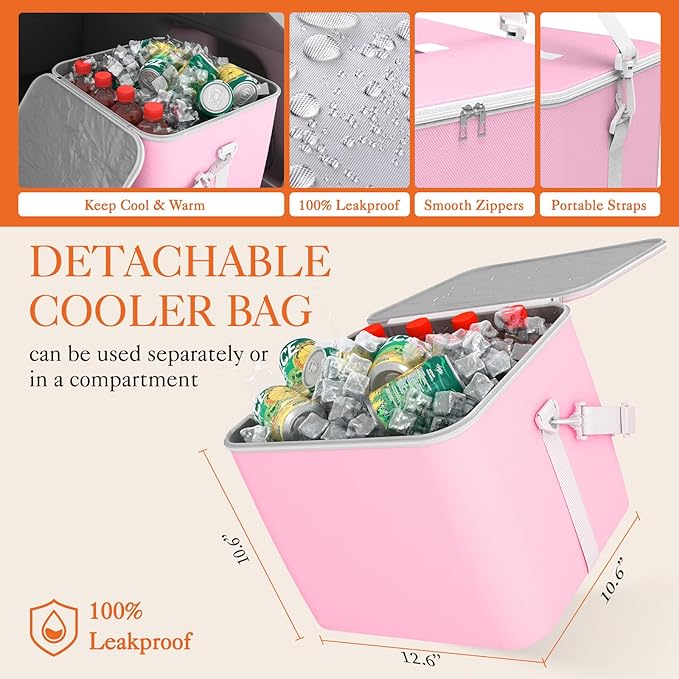 HOTOR Trunk Organizer, Sturdy Foldable with Cooler for Car & SUV, 3 Compartments, Pink, 30.90”×12.60”×10.63”