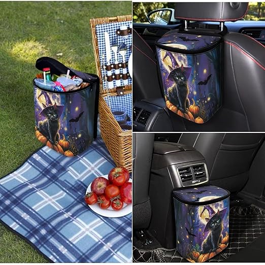 1.2 Gallons Car Trash Can with Lid, Witch Cat Halloween Vehicle Trash Can for Truck, Adjustable Hanging for Tail of Console of Seats, with Zipper Leak-Proof Lid Design, Washable Easy to Clean
