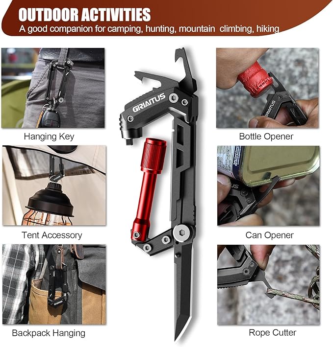 Carabiner Multitool with Pocket Knives, EDC Carabiners, Serrated Knife, Rope Cutter, Screwdriver, Can Bottle Opener, Ruler, Keychain Knife for Camping Hiking, Gifts for Women (Red)