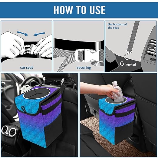 Car Trash Can with Lid & Multiple Pockets ,Foldable Vehicle Garbage Bin Waterproof & Leak Proof Automotive Garbage Cans Car Accessories for Women Men Road Trip Essentials Purple Blue Gradient