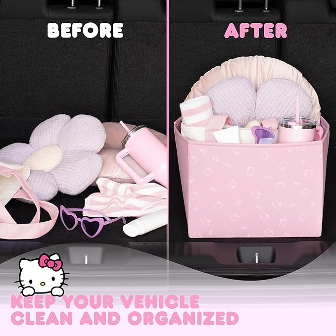Sanrio Hello Kitty Car Trunk Organizer and Storage Bin - Collapsible Simple Compartment Convenient Heavy Duty, Fold Up for Easy Storage Box, Automotive Seat Cargo Groceries Tools - 12.5L x 12.5W x 9H