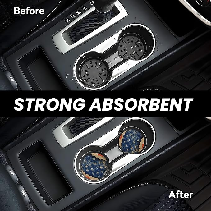 Absorbent Car Coasters for Cup Holders, 2 Pack Universal Anti Slip Ceramic Cup Coaster for Women Men 2.56 Inch Car Interior Accessories - Vintage Stars and Stripes 010