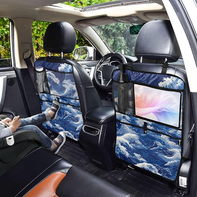 1 Pack Back Seat Car Organizer with Storage Pockets Kick Mats Back Seat Protector Hanging Car Organizer Automotive Seat Back Cover Organizers Japanese Deep Blue Sea Waves