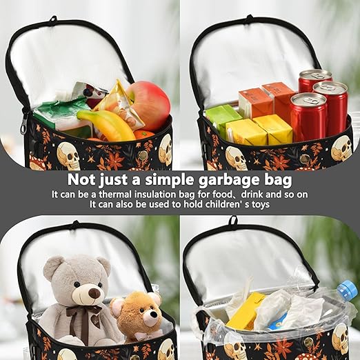 MNSRUU Car Trash Can with Lid, Mushrooms Skull Car Trash Bag Hanging Organizers and Storage for Front Back Seat, Leak-Proof Trash Bin
