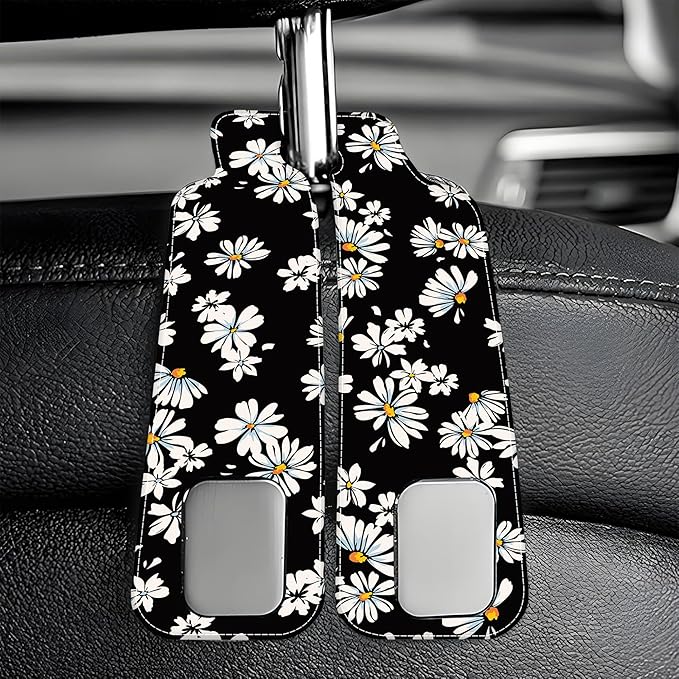 1 Pack Car Seat Headrest Hooks for Purses and Bags Watercolor Daisy Floral Bag Purse Holder for Car with Double Metal Hooks Car Purse Hanger Hanging Accessories