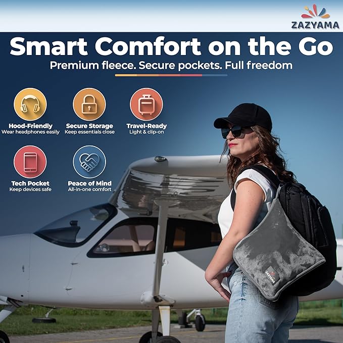 3-in-1 Travel Blanket Airplane – Compact with Bag & Pillow Combo Set, Gray Ultra-Soft Fleece | Packable Blanket Compact | Hidden Pocket | Trolley Sleeve | Carabiner | Travel Essentials