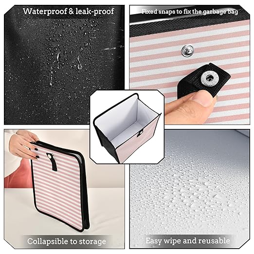 Pink and White Stripes Car Trash Can Foldable Hanging Waterproof Small Automotive Garbage Cans Trash Bin Storage Bag Car Dustbin Organizer Accessories Small 8.66x8.66x5.9