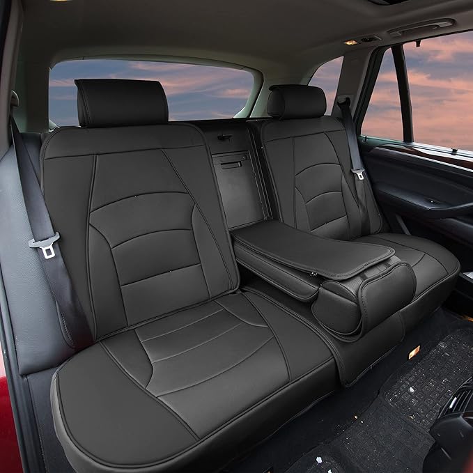 FH Group Car Seat Cover for Back Seat Solid Black Faux Leather - Universal Fit, Rear Seat Covers for Cars with Rear Split Bench, Car Seat Cushions, Car Interior Accessories for SUV, Sedan, Van