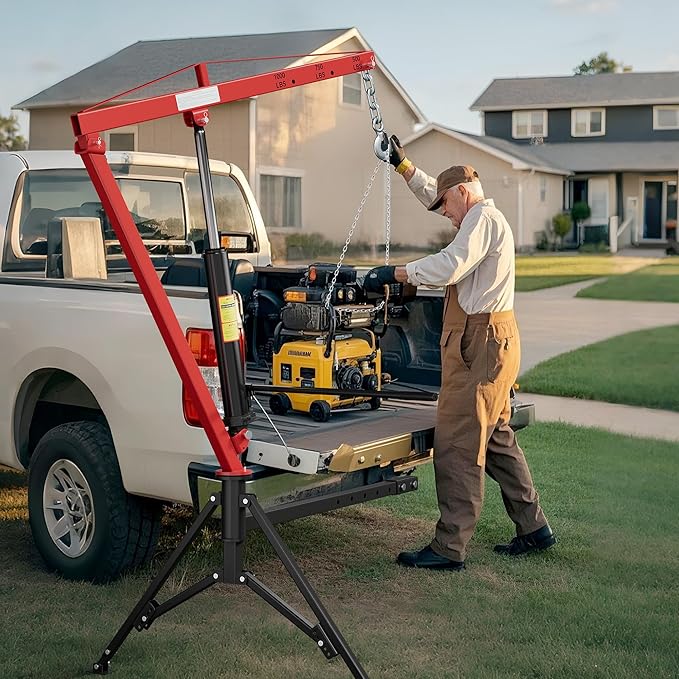 1000lbs Receiver Hitch Mounted Hydraulic 360° Swivel Truck Crane with 3 Boom Capacity Options: 500lbs, 750lbs, 1000lbs. Ideal for Workshops, Construction, Agriculture, and Logging, Red