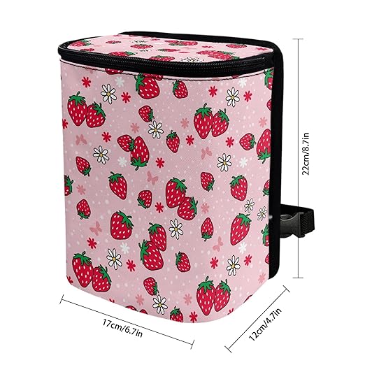 Pink Strawberry Car Trash Can with Lid Garage Bag Automotive Garbage Bin Reusable Auto Accessories Interior Car Organizer with Adjustable Straps