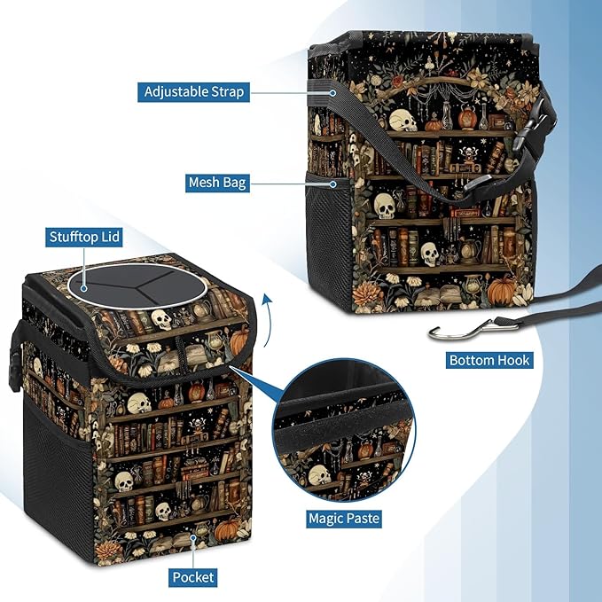 Gothic Skull Floral Car Trash Can with Lid Collapsible Reusable Waterproof Car Garage Bag,Automotive Garbage Can,Car Accessories Interior Car Organizer