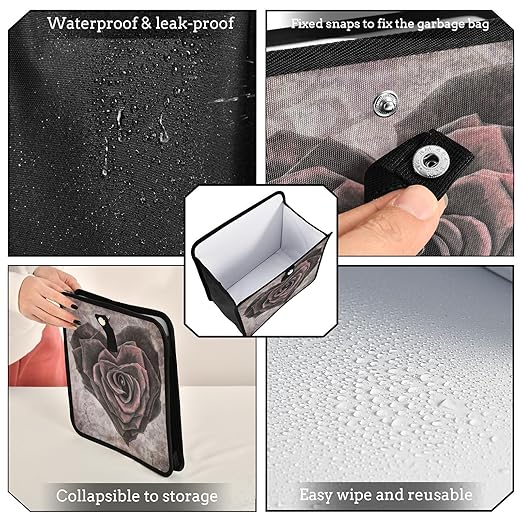 Foldable Car Trash Can with Hanging Trash Bag Storage Pocket Organizer - Adjustable Shoulder Strap - Rose Heart Floral