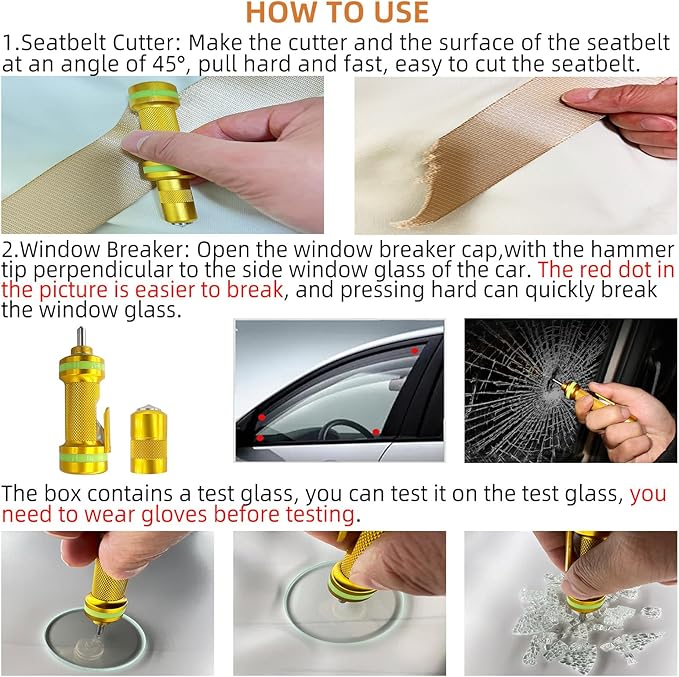Allelic Car Window Breaker Tool, Window Breaker Seatbelt Cutter, Window Breaker, Glass Breaker, Spring Loaded Window Breaker for Land & Underwater (Gold)