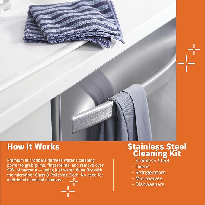 E-Cloth Stainless Steel Cleaning Kit, Microfiber Stainless Steel Cleaner for a Spotless Shine Home Appliances Including Oven, Stove and Refrigerators, Washable and Reusable, 100 Wash Promise