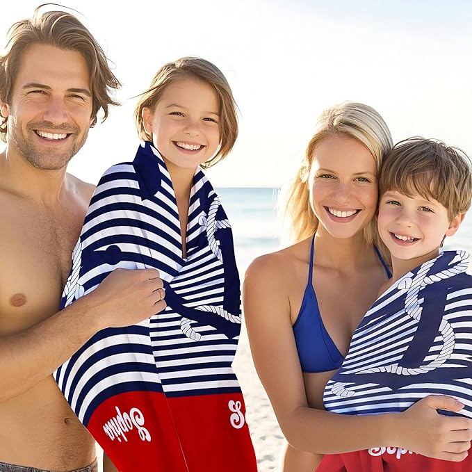 JML Personalized Beach Towel with Name, Custom Anchor Beach Towel, Customized Microfiber Pool Towel, Quick Dry & Absorbent Swim Towel for Adult,Anniversary, Birthday, Summer Holiday,Vacation