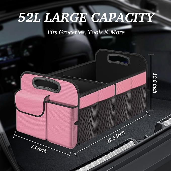 Trunk Organizer, Collapsible Waterproof Multi-Compartment Trunk Organizer for SUVs & Sedans, Car Storage with Reinforced Handles, Car Accessories for Women and Men, 52L
