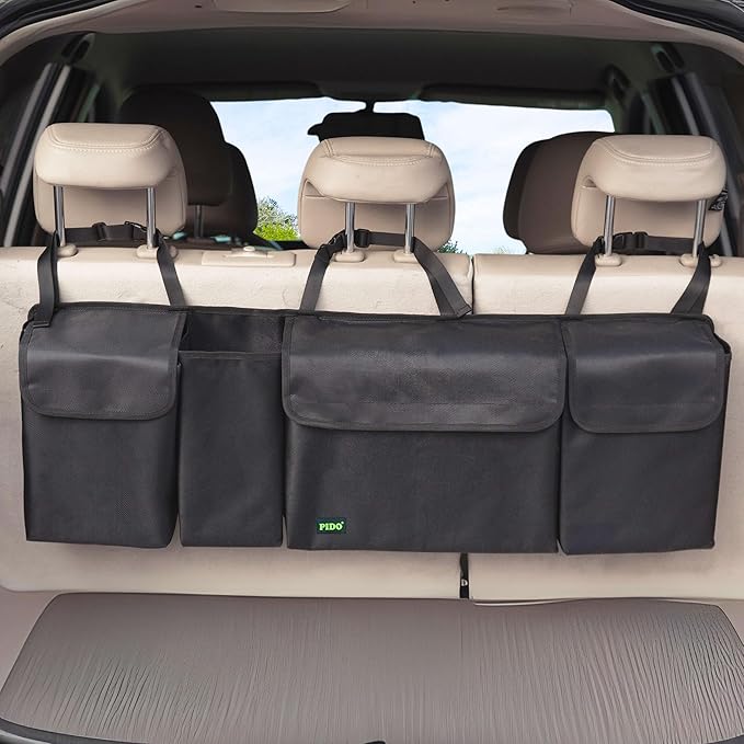 PIDO Hanging Trunk Organizer, Backseat Trunk Organizer for SUV, Hanging Car Storage Bag with Large Pockets for Sedan, Truck, Van, Upgraded Premium Fabric, Space Saving Car Interior Accessory